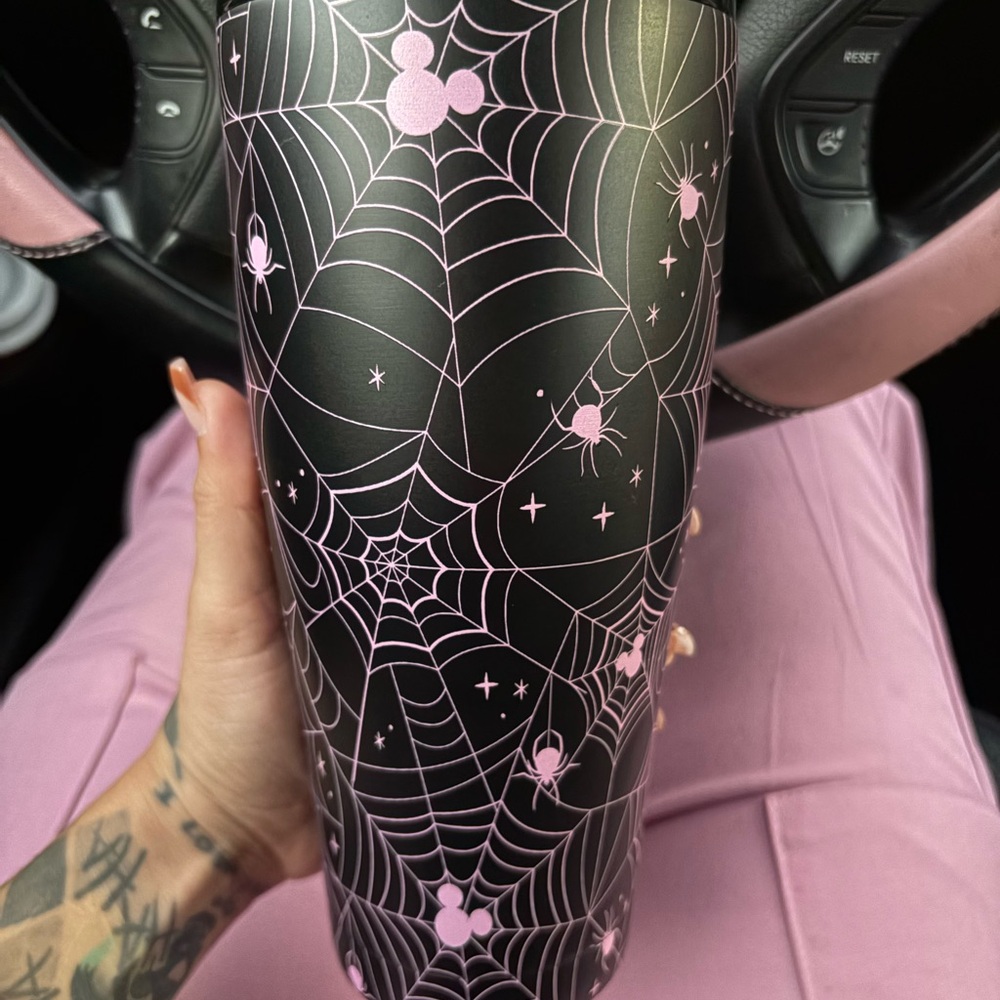 Black Disney Halloween Tumbler with Pink Spider Web Design